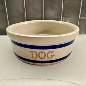 Vintage Cream and Blue Ceramic Dog Bowl